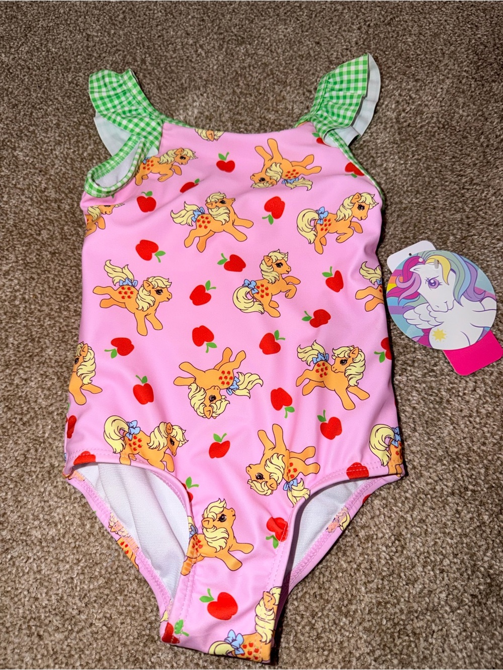 Disney Pink Pony & Apple One-Piece Swimsuit with Green Gingham Ruffles